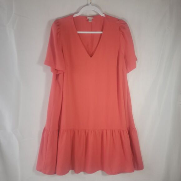 a new day Dresses & Skirts - A New Day Coral Pink VNeck Ruffle Hem Dress Short Sleeve Size L Shift Tunic Mini